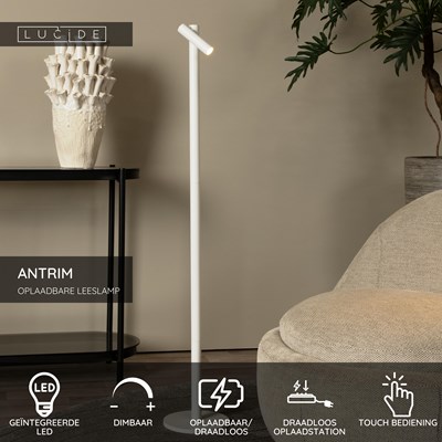 Lucide ANTRIM - Oplaadbare Leeslamp Binnen/Buiten - Accu/Batterij - LED Dimb. - 1x2,2W 2700K - IP54 - Met draadloos oplaadstation - Wit
